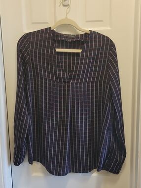 Banana Republic Navy Checked V-Neck Blouse with Red Accents